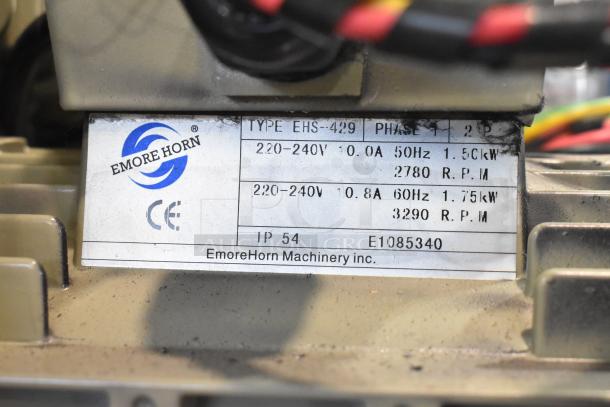 Emore Horn EHS-429 Motor, 220-240V, 1 Phase, 1.5-1.75kW, 50/60Hz, IP54, EmoreHorn Machinery Inc. label shown.