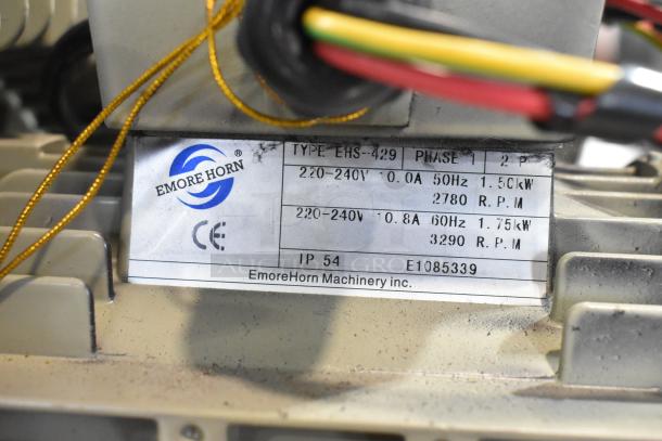 Emore Horn EHS-429 Motor, 220-240V, 1 Phase, 1.50kW, CE marked, type label shown detailing RPM and specifications.