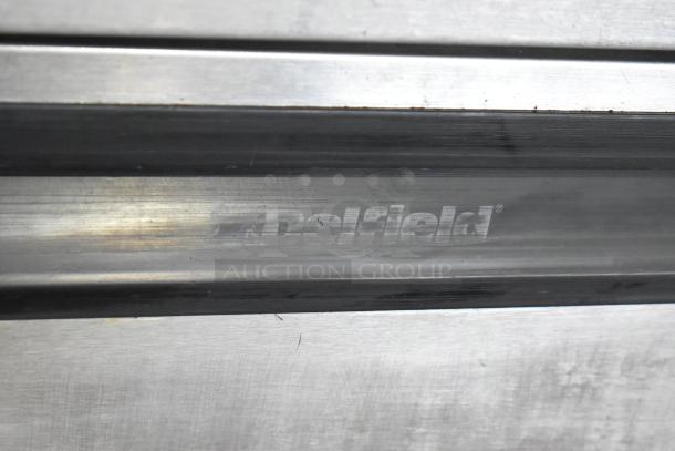 Delfield UC4048 stainless steel commercial cooler with 2 doors and casters. 115 Volts, 1 Phase. Visible Delfield logo.