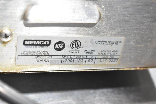Nemco 6055A label showing specifications: 1200 watts, 120 volts, 60 Hz, serial number L17-0220. Commercial kitchen use.