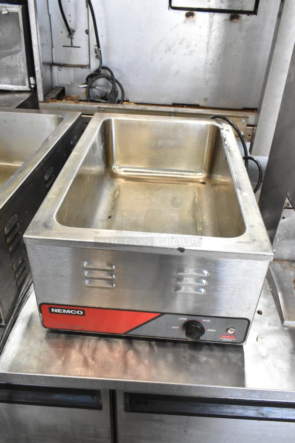 Nemco 6055A stainless steel commercial countertop food warmer, 1 phase, 120 volts, visible control knob, good condition.
