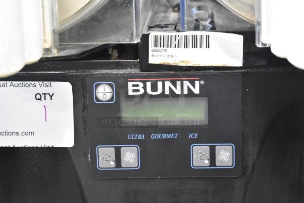Bunn ULTRA-2 slushie machine, no lids, 120V, control panel with buttons, barcode label visible.