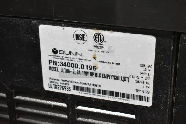 2020 Bunn ULTRA-2 commercial slushie machine label, 120V, 1 phase, stainless steel, sans lids, serial ULTR276935. NSF and ETL listed.