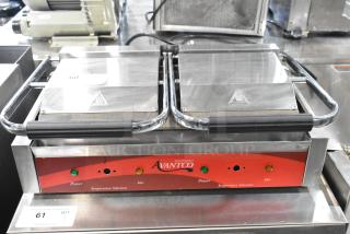 2019 Avantco 177P85S stainless steel commercial double panini press, 120 volts, control panel with power and heat indicators.
