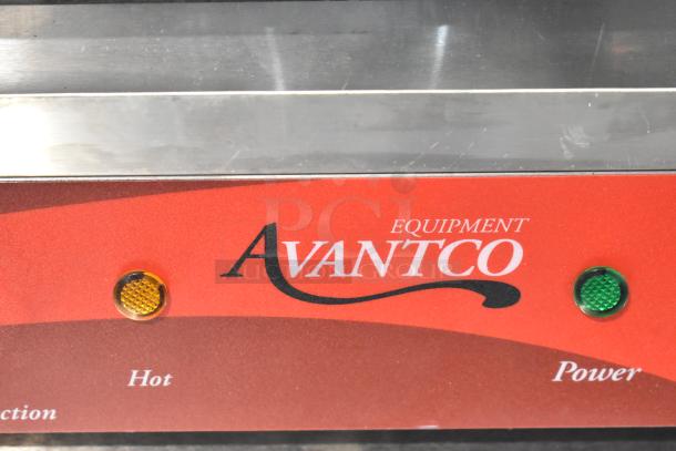 2019 Avantco 177P85S stainless steel commercial double panini press with hot and power indicators.