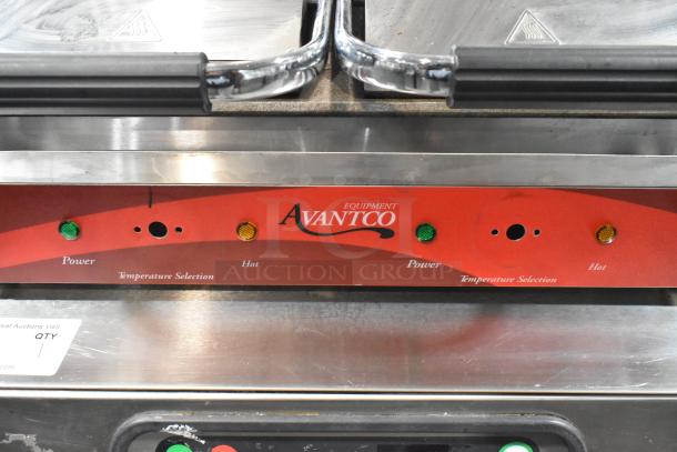 2019 Avantco 177P85S stainless steel double panini press, countertop model, 120 volts, 1 phase, with temperature controls.