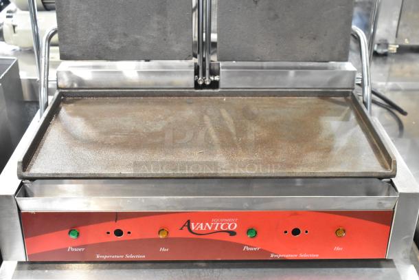 2019 Avantco 177P85S stainless steel double panini press, countertop model. Visible wear, 120V, 1 phase, temperature controls.