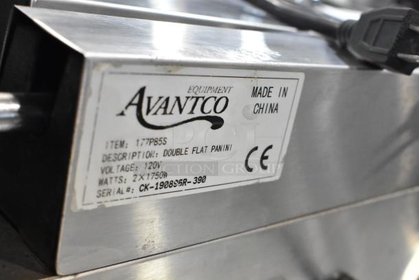 2019 Avantco 177P85S stainless steel double panini press, 120V, 1 phase, CE marked, made in China, serial CK-1908PSR-390.