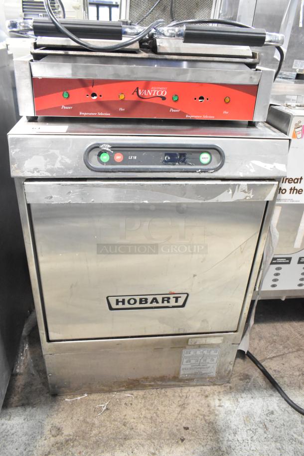 Hobart LX18H stainless steel commercial undercounter dishwasher, 120/208V, 1 phase, visible wear, labeled Hobart.