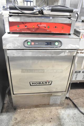 Hobart LX18H stainless steel commercial undercounter dishwasher, 120/208V, 1 phase, visible wear, labeled Hobart.