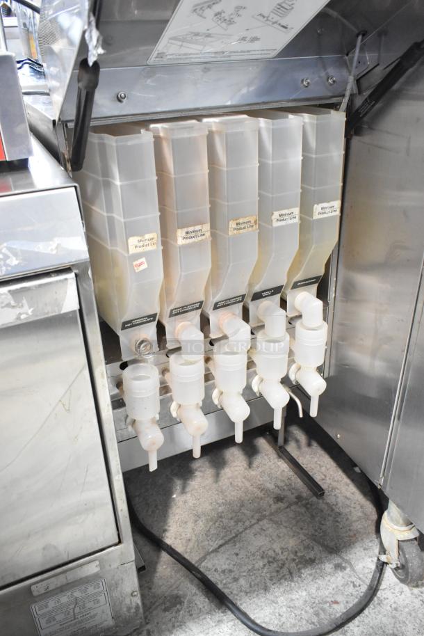Bunn IMIX-5 stainless steel cappuccino machine with five clear hoppers, labeled "Minimum Product Line." Model: IMIX-5.