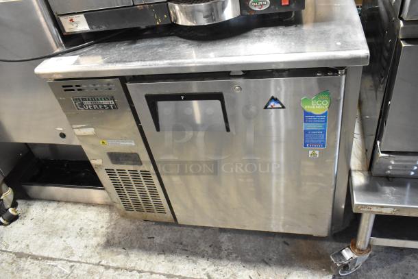 Everest ETF1 stainless steel single door undercounter freezer; eco-friendly label; commercial casters; 115V, 1 phase.