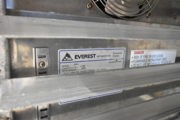 Everest ETF1 single door freezer label, stainless steel, 1/3HP compressor, R290 refrigerant, on commercial casters.