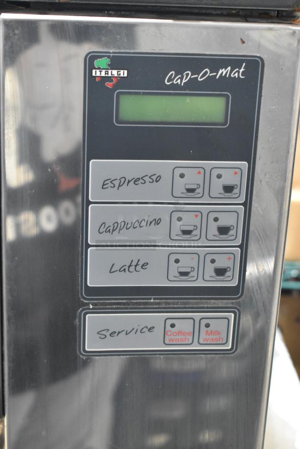 Italgi Cap-o-mat metal commercial espresso machine with controls for espresso, cappuccino, latte; 110V, 1 phase.
