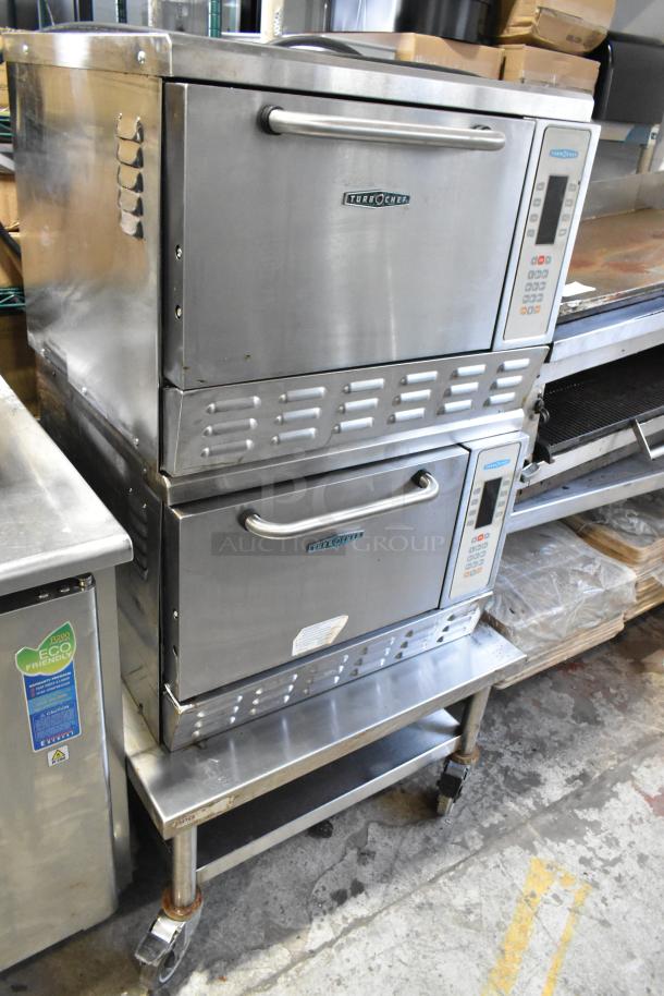 Turbochef NGC stainless steel rapid cook ovens on a stand with casters, 208/240V, 1 phase. Dual-stack, digital display, commercial use.