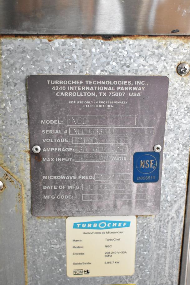Turbochef NGC stainless steel rapid cook oven label, showing model, voltage, amperage, and NSF certification.