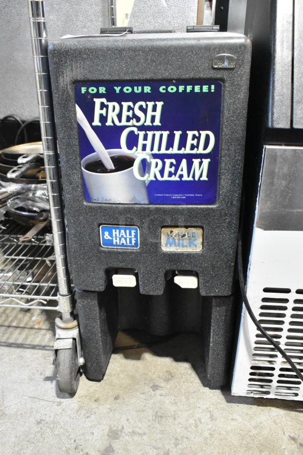 Creamiser 210 metal commercial dairy dispenser, 110V, 1 phase, with push lever taps for half & half and whole milk.