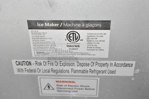 Stainless steel HZB-45 ice machine label, 115V, 1 phase; ETL certified for safety with caution and warning notices.