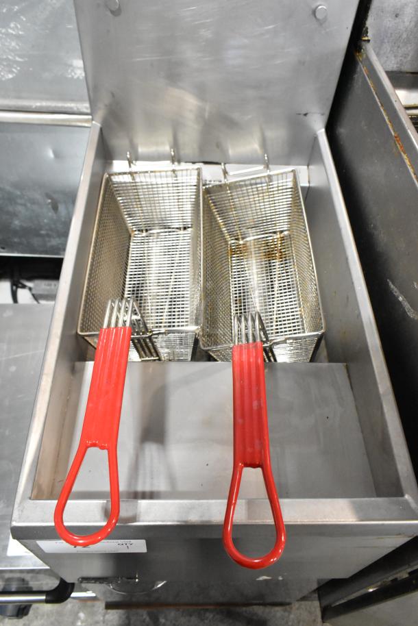 Pitco Frialator 40C stainless steel deep fryer, natural gas, with two red-handled metal baskets, 105,000 BTU.