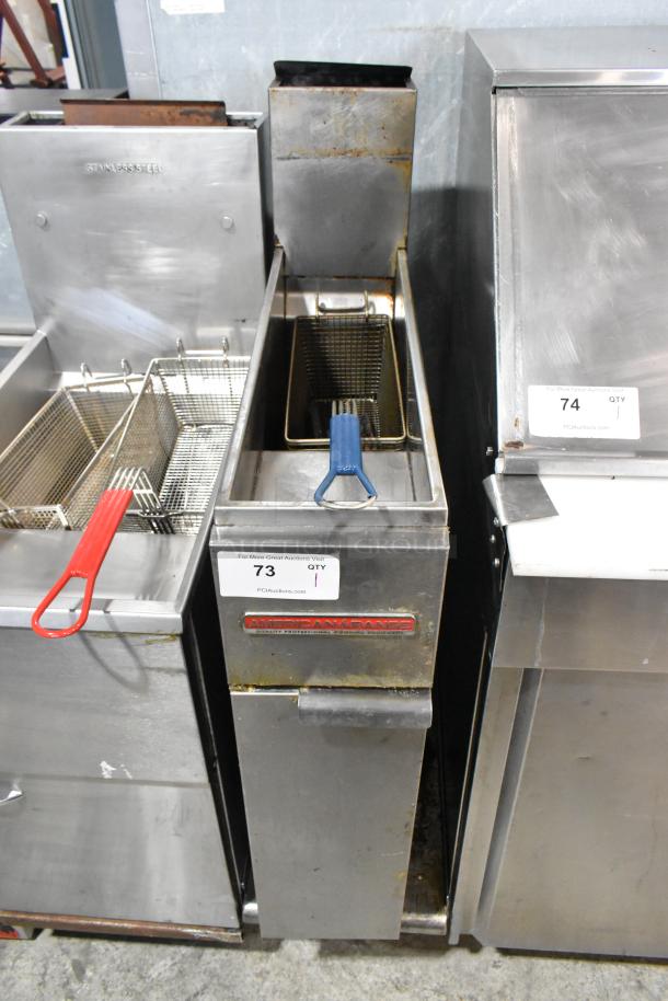 American Range AF-25 stainless steel natural gas fryer with metal basket. 160,000 BTU, slimline design, slight wear.