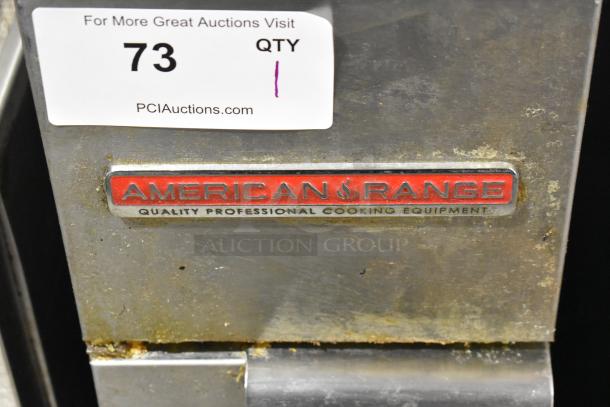 American Range AF-25 stainless steel deep fryer, natural gas, 160,000 BTU, metal fry basket, visible label.