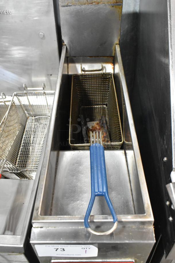 American Range AF-25 stainless steel gas fryer with metal basket, 160,000 BTU, commercial use, used condition.