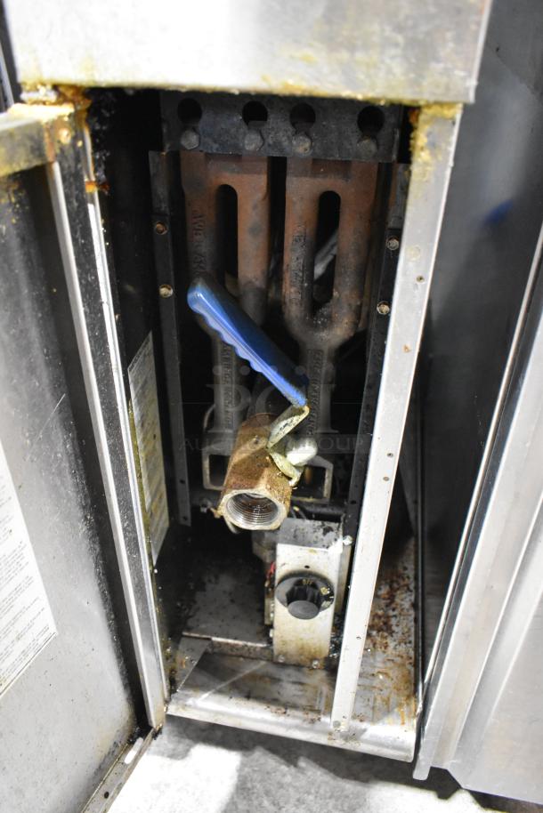 American Range AF-25 stainless steel fryer, natural gas, 160,000 BTU, interior view with burner and valve detail, used condition.