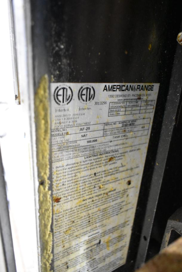 American Range AF-25 commercial deep fryer label. Stainless steel, 160,000 BTU, natural gas, worn condition.