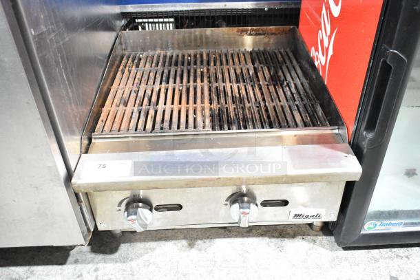 Migali stainless steel commercial countertop gas charbroiler grill with adjustable knobs. Used condition. Model label visible.
