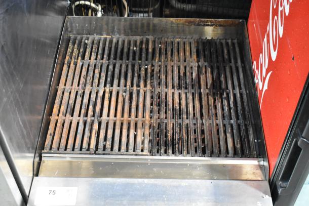Migali stainless steel commercial countertop gas charbroiler grill, used condition, visible wear on grates.