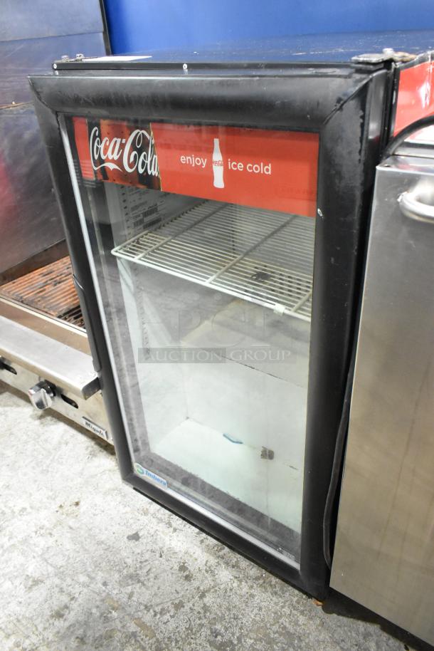 Imbera VR06 metal commercial single door reach-in mini cooler merchandiser, 115 volts, 1 phase, Coca-Cola branding, glass front.
