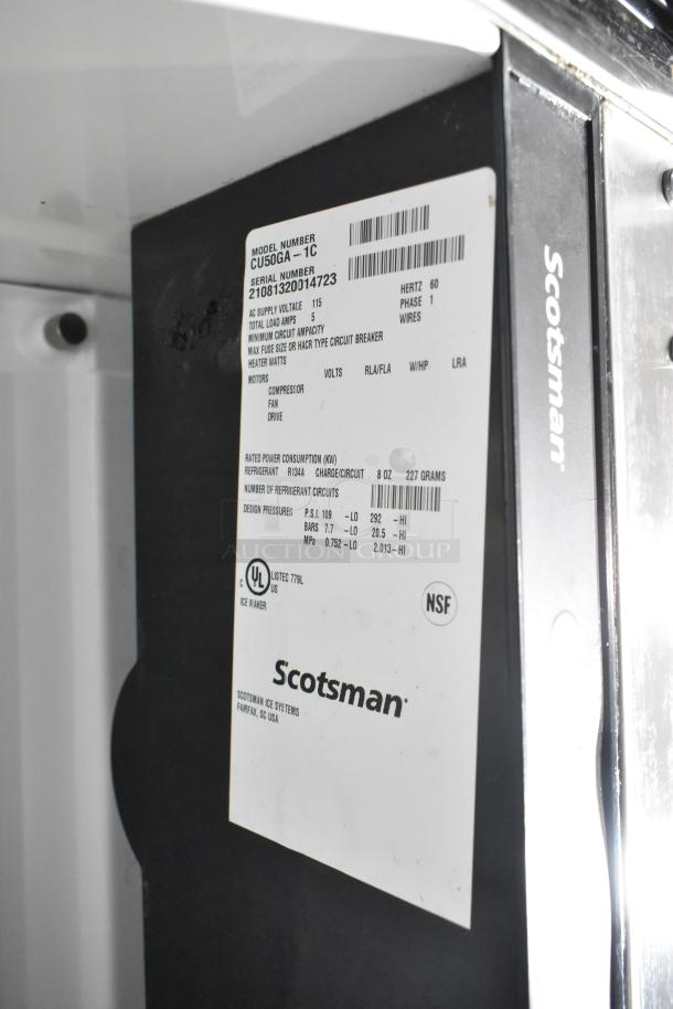 2021 Scotsman CU50GA-1C stainless steel ice machine, 115V, 1 phase, NSF listed, model and specs label visible.
