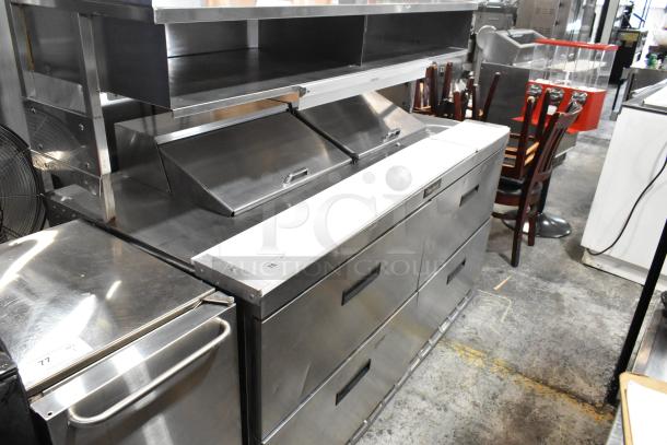 Delfield stainless steel sandwich salad prep table, Bain Marie Mega Top, 4 drawers, overshelf, 115V, 1 phase, commercial use.