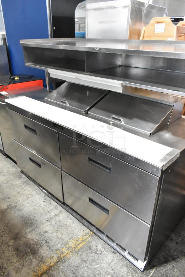 Delfield stainless steel sandwich salad prep table with Bain Marie mega top, 4 drawers, and over shelf, 115V, 1 phase.