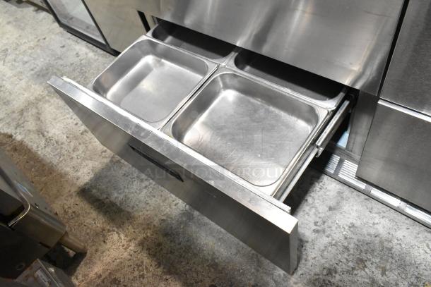 Delfield stainless steel prep table, Bain Marie Mega Top, 4 drawers, overshelf, 115V, 1 Phase, commercial use.