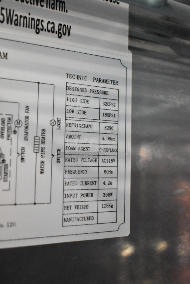 Universal Coolers RIFI-30 stainless steel commercial freezer label, showing technical specs like 115V, R290 refrigerant.