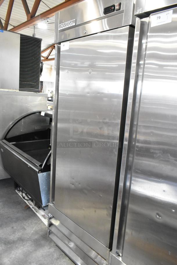 Universal Coolers RICI-30 stainless steel single door reach-in cooler with poly coated racks, commercial casters.