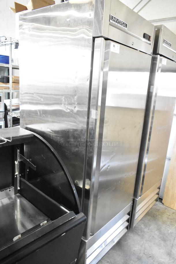 Universal Coolers RICI-30 stainless steel single door reach-in cooler, poly-coated racks, commercial casters, 115V, visible good condition.
