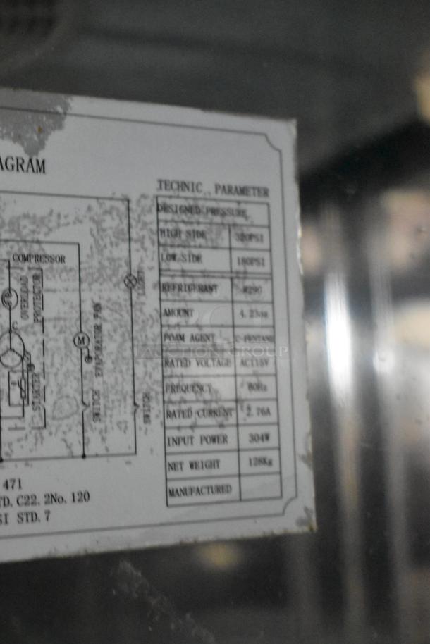 Universal Coolers RICI-30 stainless steel commercial cooler label detailing technical specifications. 115 volts, 1 phase.