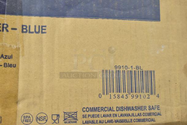 Two sealed boxes containing G.E.T. 9910-1-BL Bahama 10 oz blue tumbler and Libbey 133 9 oz highball glass. BPA-free, dishwasher safe.