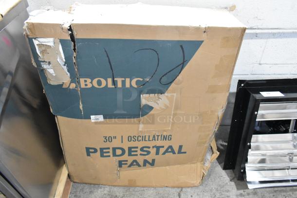 Boxed Boltic 30” oscillating pedestal fan, model 73AVF30PBCO, 3-speed, 6,750-8,100 CFM, 120V. Box damaged.