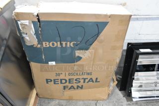 Boxed Boltic 30” oscillating pedestal fan, model 73AVF30PBCO, 3-speed, 6,750-8,100 CFM, 120V. Box damaged.