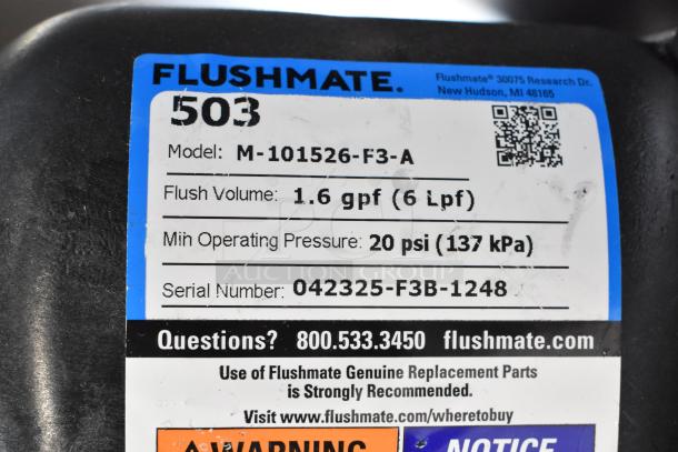 BRAND NEW Flushmate M-101526-F3A 1.6 GPF Replacement System, push button, minor scratches. Model, serial, and specs on label.