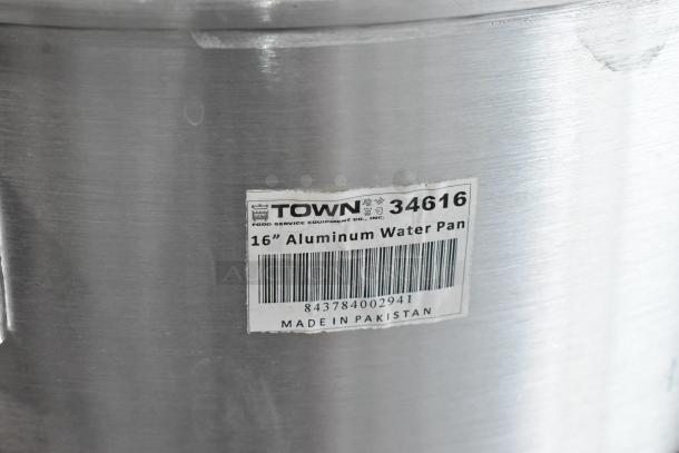 Brand new Town 34616 18 Qt. Aluminum Steamer Water Pan, scratch and dent condition, label indicates made in Pakistan.