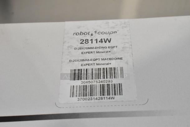 Robot Coupe 28114W dicing kit box with label showing model details and barcodes, slightly scuffed.