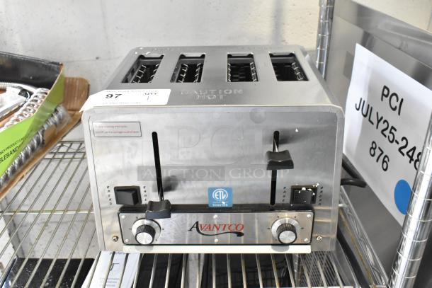 Brand new Avantco 184THD27208 medium-duty 4-slice commercial toaster with 1.5" slots, 208 volts, and bagel switch.