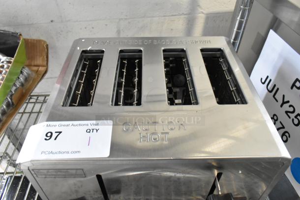BRAND NEW Avantco 184THD27208 commercial toaster, 4-slice, scratch and dent, wide 1.5" slots, 208V, 1 Phase. "Caution Hot" marking.