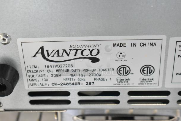 Brand new Avantco 4-slice toaster, model 184THD27208, with wide 1 1/2" slots. Medium-duty, 208V, 2700W. Made in China.
