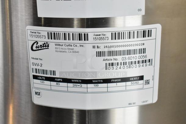 Curtis SW-2 stainless steel syrup warmer, 2-gallon, 120V, new with scratches and dents. Model and serial labels shown.