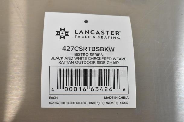 Label of Lancaster Table & Seating Bistro Series chair, model 427CSRTBSBKW, black and white checkered rattan, made in China.